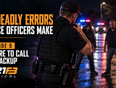 Lone police officer calling for backup while facing three hostile subjects as patrol units approach