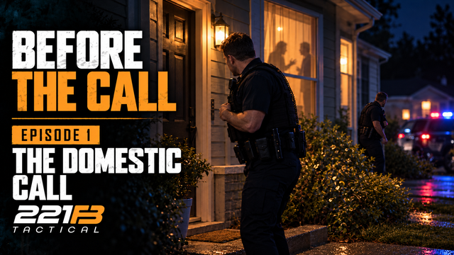 Two police officers carefully approaching a home at night while responding to a domestic disturbance call