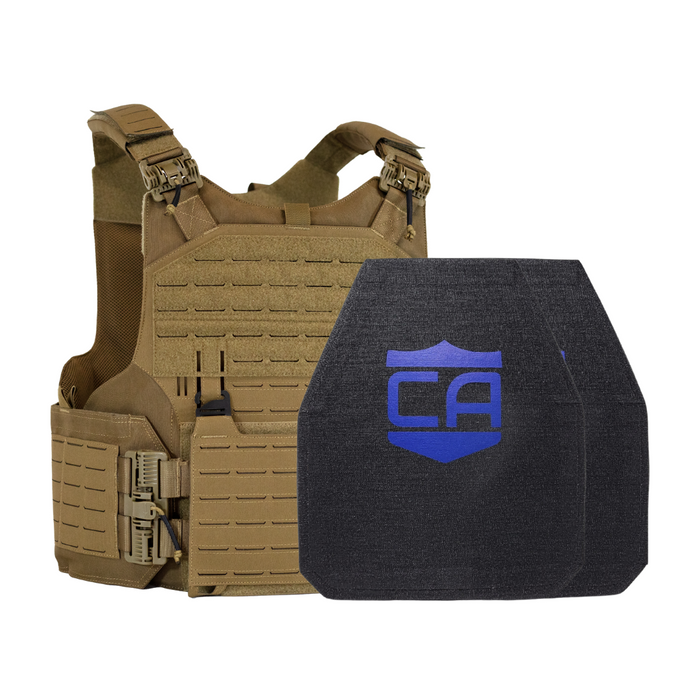 Tan M.O.D. carrier with two LevelIV shooters cut ceramic plates 0