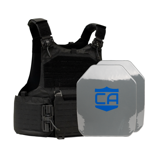 Black M.O.D. carrier with two SAPI cut steel body armor plates with protective PolyShield anti-spall coating 17