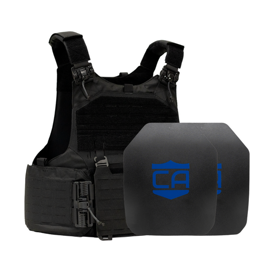Black M.O.D. carrier with two SAPI cut steel body armor plates with standard coating 14