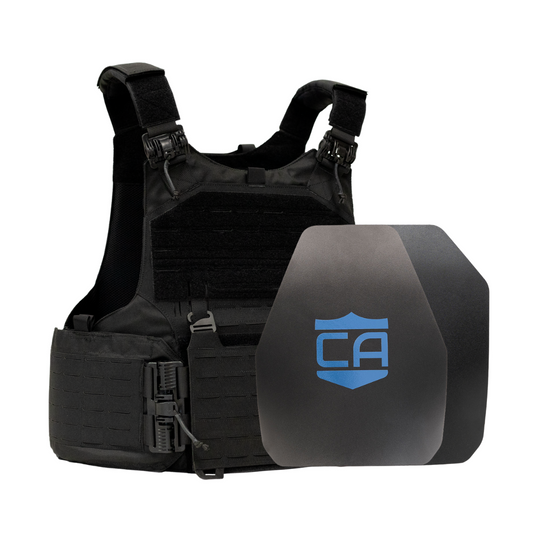 Black M.O.D. carrier with shooters & SAPI cut steel body armor plates with standard coating 15