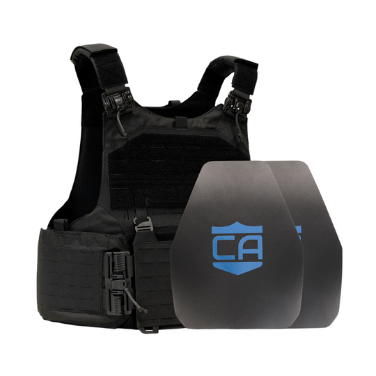 Black M.O.D. carrier with two shooters cut steel body armor plates with standard coating 13