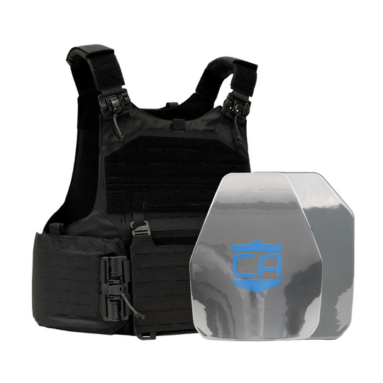 Black M.O.D. carrier with shooters & SAPI cut steel body armor plates with protective PolyShield anti-spall coating 18