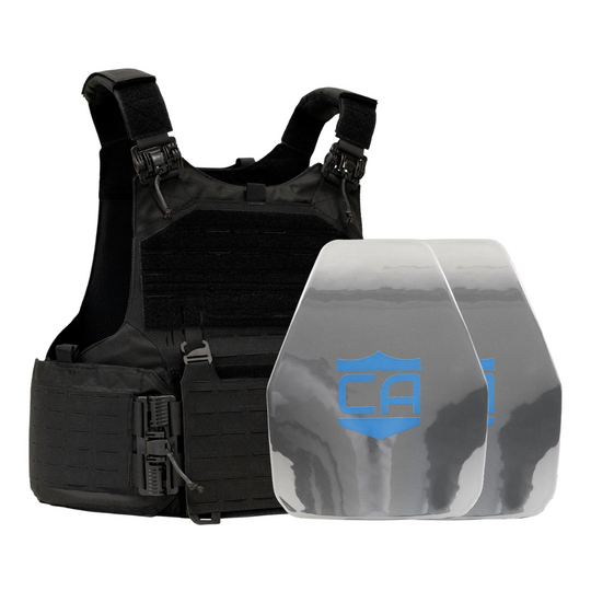 Black M.O.D. carrier with two shooters cut steel body armor plates with protective PolyShield anti-spall coating 16