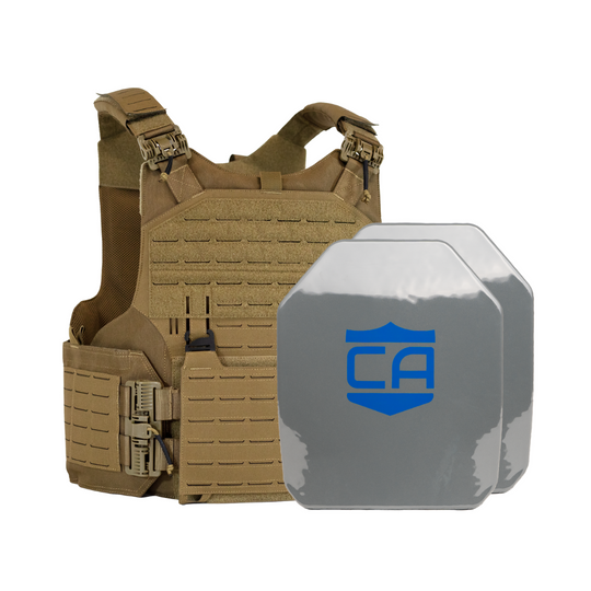 Tan M.O.D. carrier with two SAPI cut steel body armor plates with protecting PolyShield anti-spall coating 1