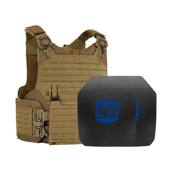 Tan M.O.D. carrier with two SAPI cut steel body armor plates with standard coating 4