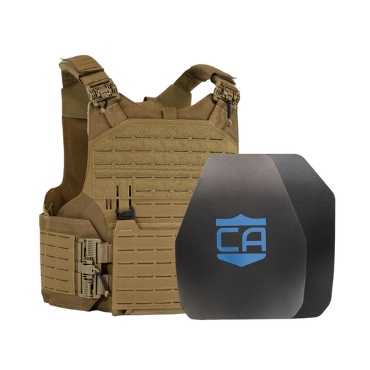 Tan M.O.D. carrier with shooters & SAPI cut steel body armor plates with standard coating 5