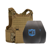 Tan M.O.D. carrier with two  shooters cut steel body armor plates with standard coating 3