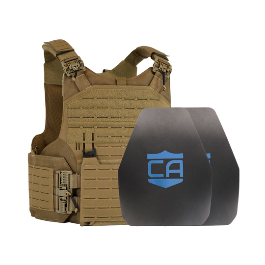 Tan M.O.D. carrier with two  shooters cut steel body armor plates with standard coating 3