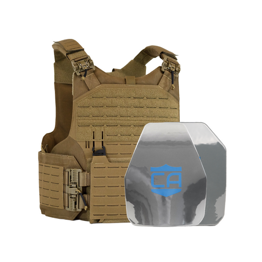 Tan M.O.D. carrier with a shooters & SAPI cut steel body armor plates with protecting PolyShield anti-spall coating 2