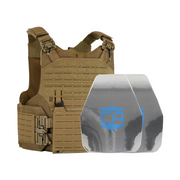 Tan M.O.D. carrier with two  shooters cut steel body armor plates with protecting PolyShield anti-spall coating 0