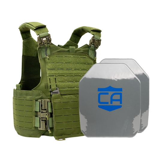 Green M.O.D. carrier with two SAPI cut steel body armor plates with protective PolyShield anti-spall coating 23