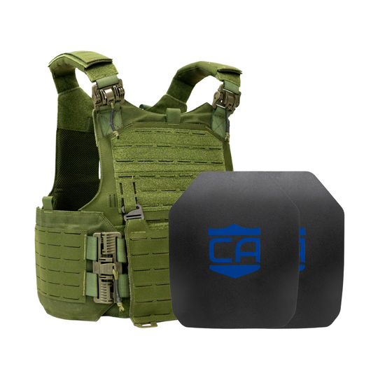 Green M.O.D. carrier with two SAPI cut steel body armor plates with Standard Coating 20