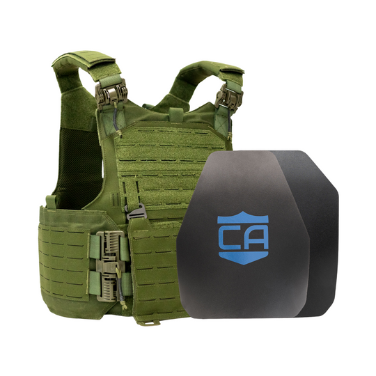 Green M.O.D. carrier with shooters & SAPI cut steel body armor plates with Standard Coating 21