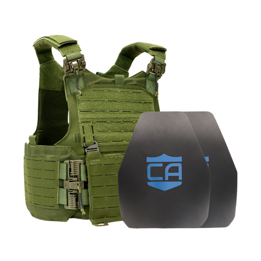 Green M.O.D. carrier with two shooters cut steel body armor plates with Standard Coating 19