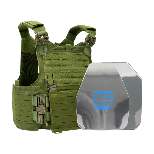 Green M.O.D. carrier with shooters & SAPI cut steel body armor plates with protective PolyShield anti-spall coating 24