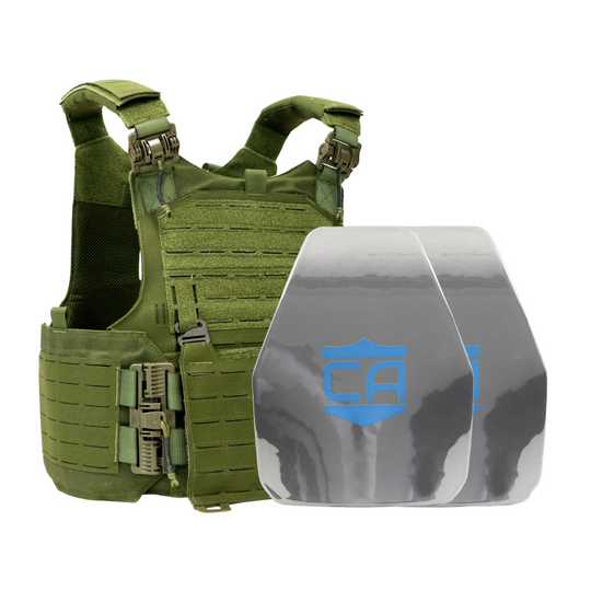 Green M.O.D. carrier with two shooters cut steel body armor plates with protective PolyShield anti-spall coating 22
