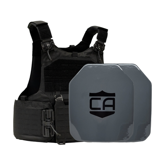 Black M.O.D. carrier with two AV2 SAPI cut steel plates featuring protective PolyShield Spall Coating 12