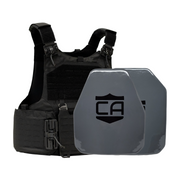 Black M.O.D. carrier with a AV2 shooters & SAPI cut steel plates featuring protective PolyShield Spall Coating 10