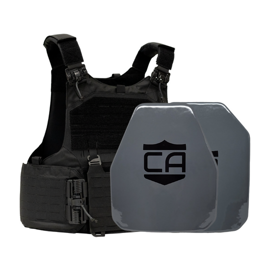 Black M.O.D. carrier with a AV2 shooters & SAPI cut steel plates featuring protective PolyShield Spall Coating 10