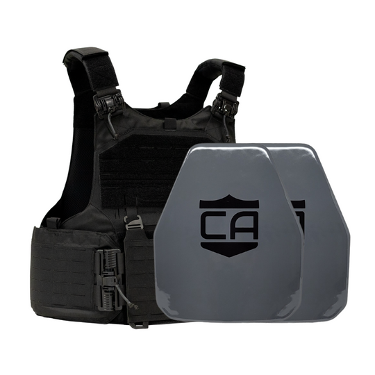 Black M.O.D. carrier with two AV2 shooters cut steel plates featuring protective PolyShield Spall Coating 11