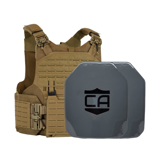 Tan M.O.D. carrier with two AV2 SAPI cut steel plates featuring protective PolyShield Spall Coating 2