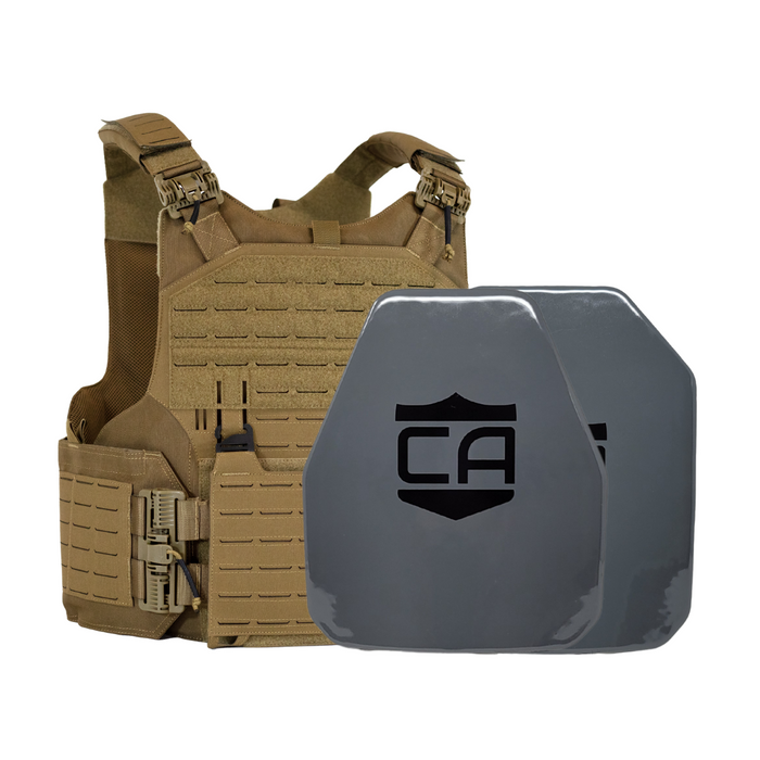 Tan M.O.D. carrier with a AV2 shooters & SAPI cut steel plates featuring protective PolyShield Spall Coating 0