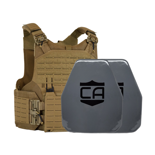 Tan M.O.D. carrier with two AV2 shooters cut steel plates featuring protective PolyShield Spall Coating 1