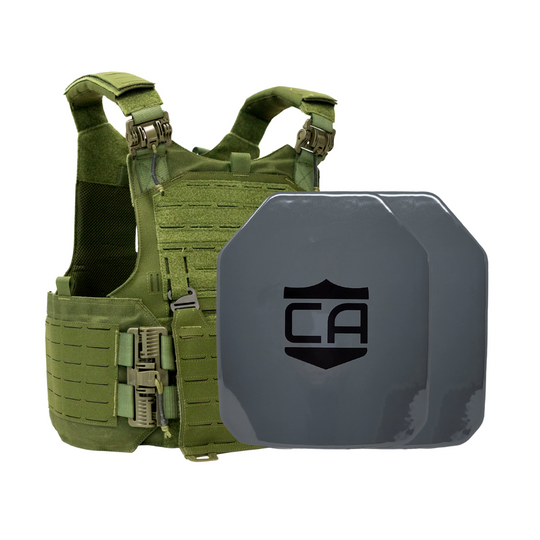 Green M.O.D. carrier with two AV2 SAPI cut steel plates featuring protective PolyShield Spall Coating 15