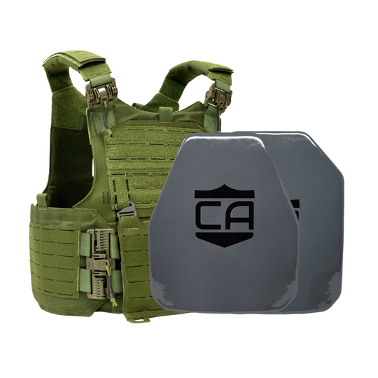 Green M.O.D. carrier with a AV2 shooters & SAPI cut steel plates featuring protective PolyShield Spall Coating 13