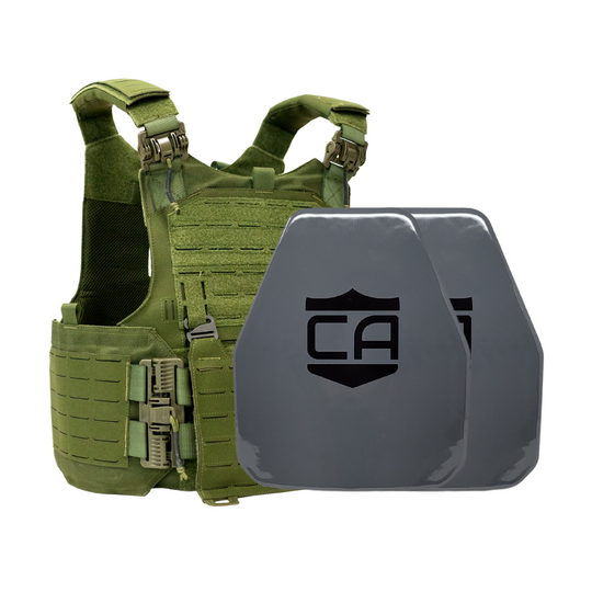Green M.O.D. carrier with two AV2 shooters cut steel plates featuring protective PolyShield Spall Coating 14