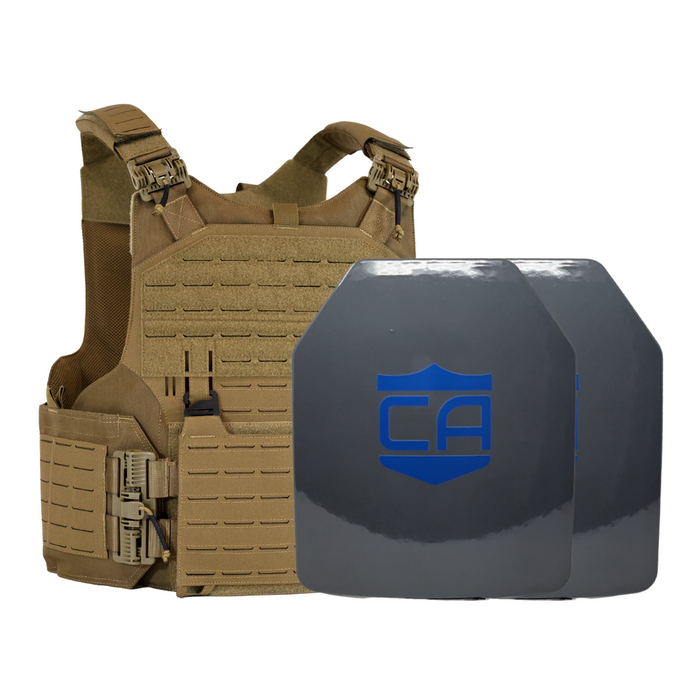 Tan M.O.D. carrier with two HX Speed Plates, SAPI cut UHMWPE plates with waterproof coating 0