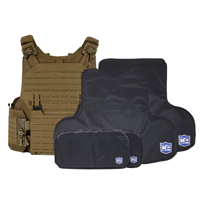 Tan M.O.D. plate carrier with CaliberX soft wrap around body armor panels & soft armor side panels 1