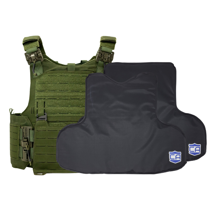 Green M.O.D. plate carrier with CaliberX soft wrap around body armor panels 10