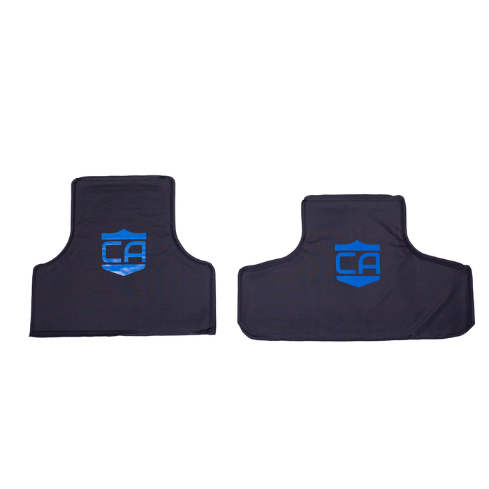 Two black soft body armor panels with blue CA (Caliber Armor) logos on a white background 0