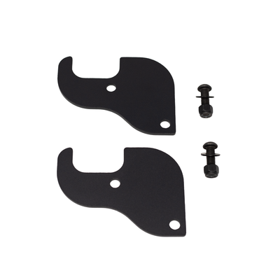 Two black metal shield brackets with screws on a white background
