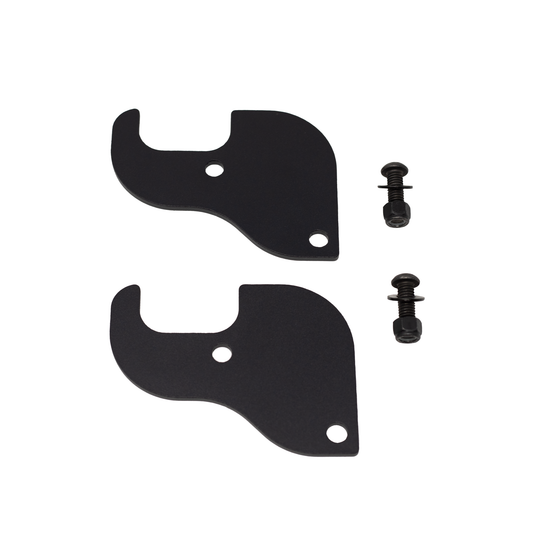 Two black metal shield brackets with screws on a white background 1