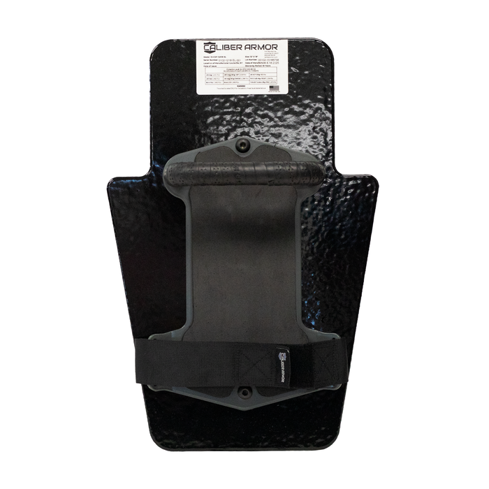 Backside of black 12" x 18" Caliber Armor Pistol Rated Level  IIIA HG2 Ballistic Shield with streamlined padded handle on a white background 5