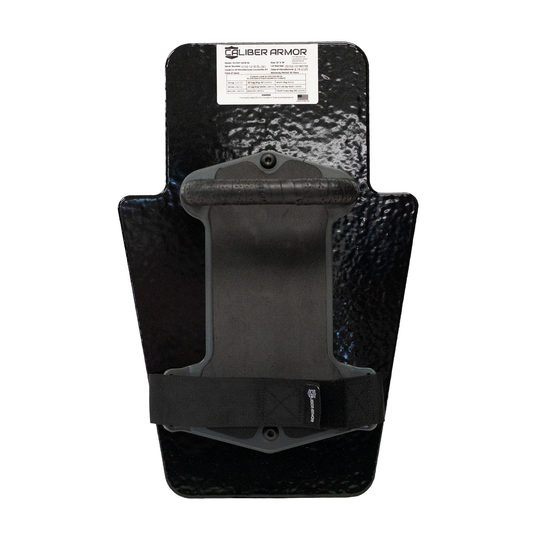 Backside of black 12" x 18" Caliber Armor Pistol Rated Level  IIIA HG2 Ballistic Shield with streamlined padded handle on a white background 5