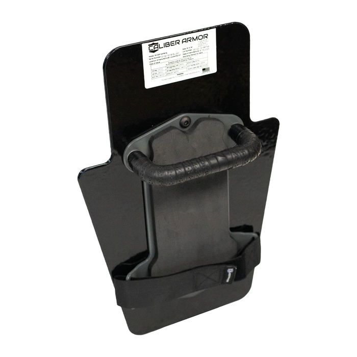 Top view of black 12" x 18" Caliber Armor Pistol rated Level IIIA HG2 Ballistic Shield with padded streamlined handle on a white background 1