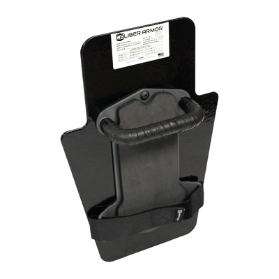 Top view of black 12" x 18" Caliber Armor Pistol rated Level IIIA HG2 Ballistic Shield with padded streamlined handle on a white background