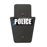 Front of black 12" x 18" Caliber Armor Pistol rated Level IIIA HG2 Ballistic Shield with SL handle with Police logo on a white background 3