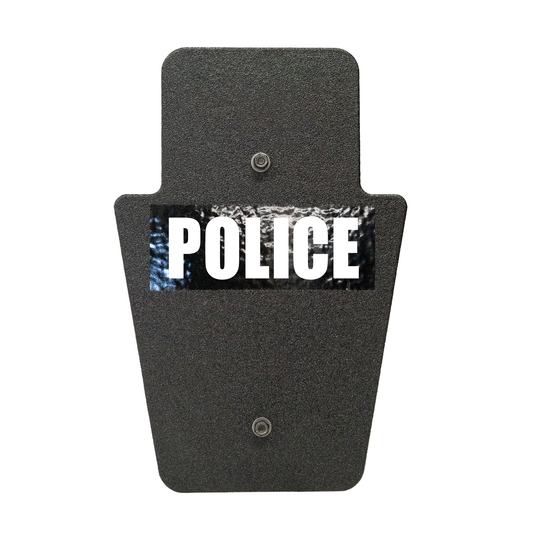 Front of black 12" x 18" Caliber Armor Pistol rated Level IIIA HG2 Ballistic Shield with SL handle with Police logo on a white background 3