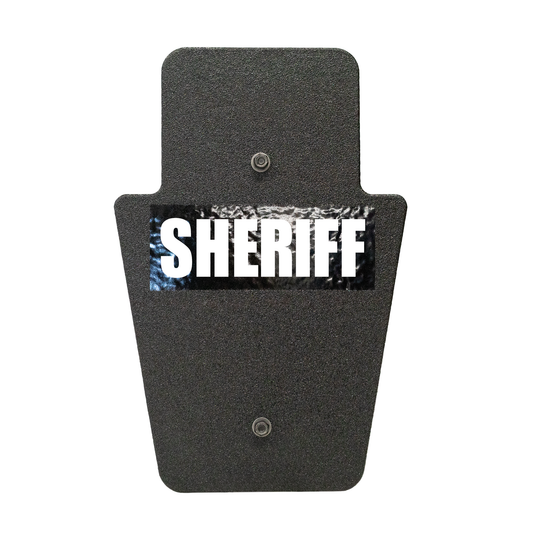 Front of black 12" x 18" Caliber Armor Pistol rated Level IIIA HG2 Ballistic Shield with SL handle with Sheriff logo on a white background 4