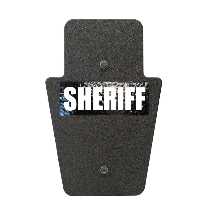 Front of black 12" x 18" Caliber Armor Pistol rated Level IIIA HG2 Ballistic Shield with SL handle with Sheriff logo on a white background 4
