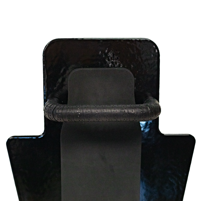 Up close view of black 12" x 18" Caliber Armor Pistol rated Level IIIA HG2 Ballistic Shield with value line handle & black padded armrest on a white background 1