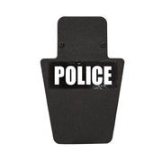 Front of black 12" x 18" Caliber Armor Pistol rated Level IIIA HG2 Ballistic Shield with VL handle with "police" logo on a white background 4