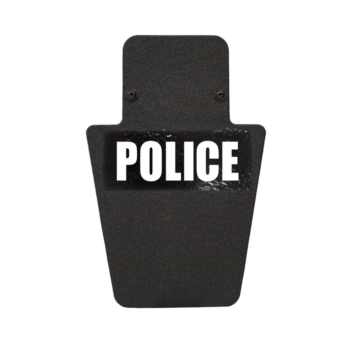 Front of black 12" x 18" Caliber Armor Pistol rated Level IIIA HG2 Ballistic Shield with VL handle with "police" logo on a white background 4