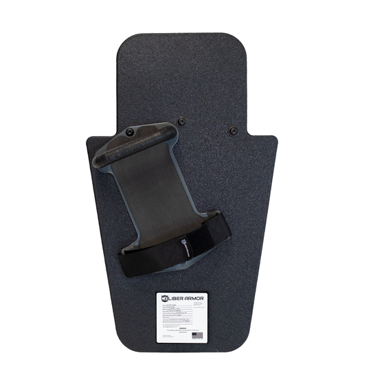 Backside of black 15" x 25" Caliber Armor Pistol rated Level IIIA HG2 Ballistic Shield with three position handle setup for right handed use on a white background 1